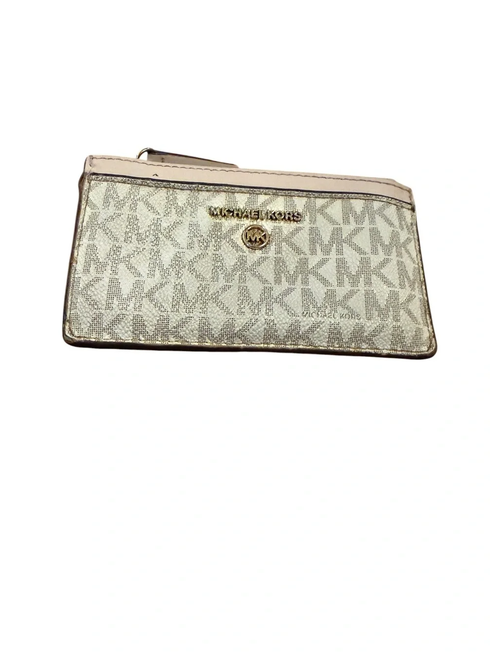 Michael Kors Women's Gold Logo Zip Wallet with Beige Trim